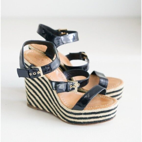 NEW Kate Spade Classic Black PAtent Leather Striped Wedge Espadrilles 10 - Picture 1 of 8